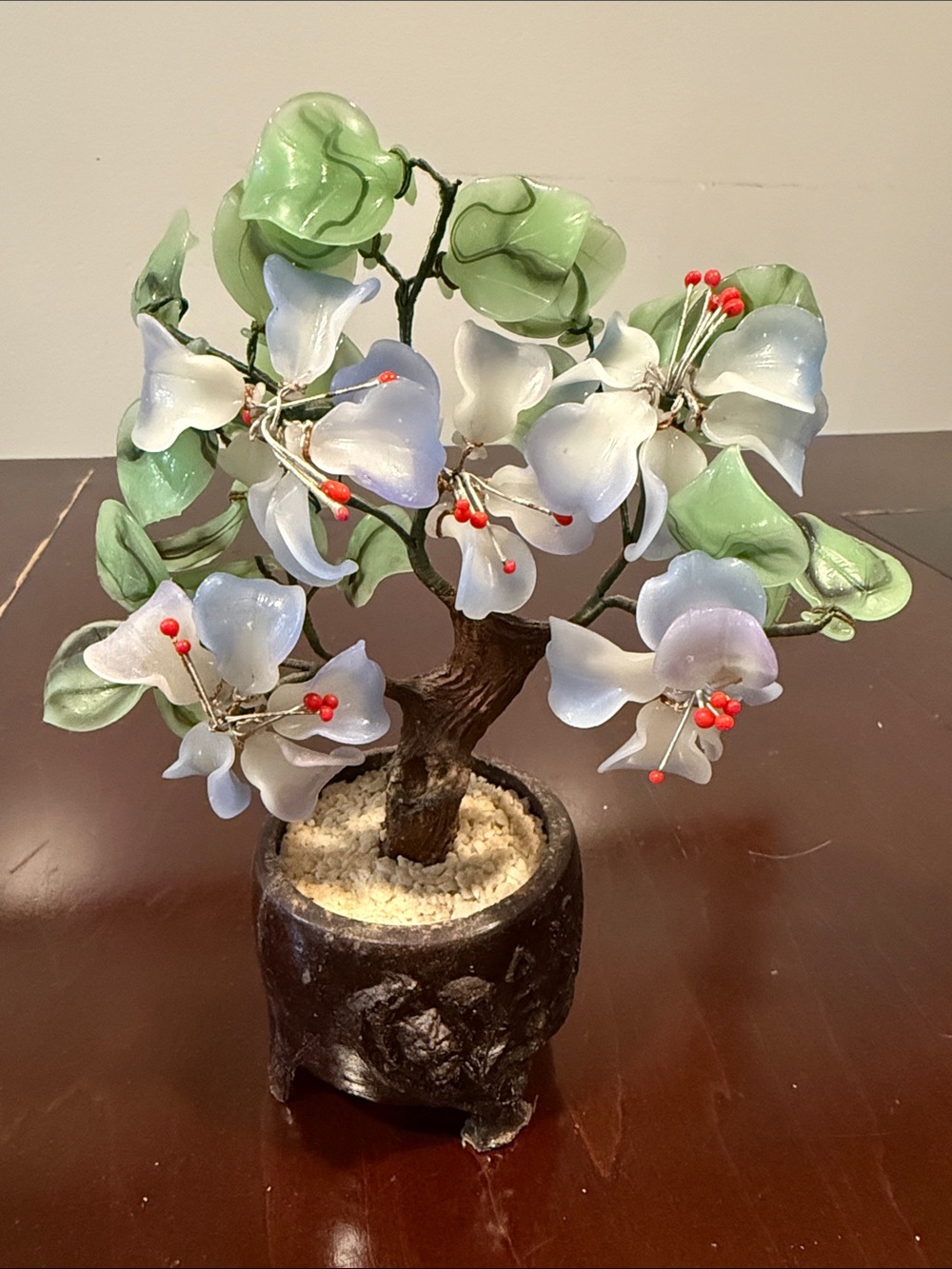 VINTAGE JADE GLASS BONSAI TREE JAPANESE ORIENTAL DOGWOOD BLOSSOM WOOD POT
